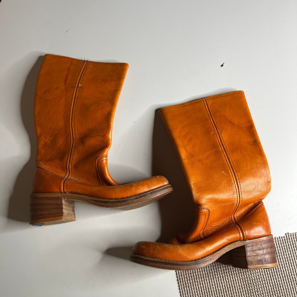 Vintage Tall Burnt Orange Leather Block Heel Pull On Boots 7